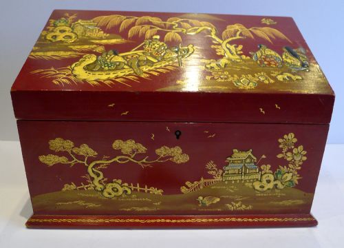 fig 1. Antique English Edwardian Red Chinoiserie Desk Set c.1910