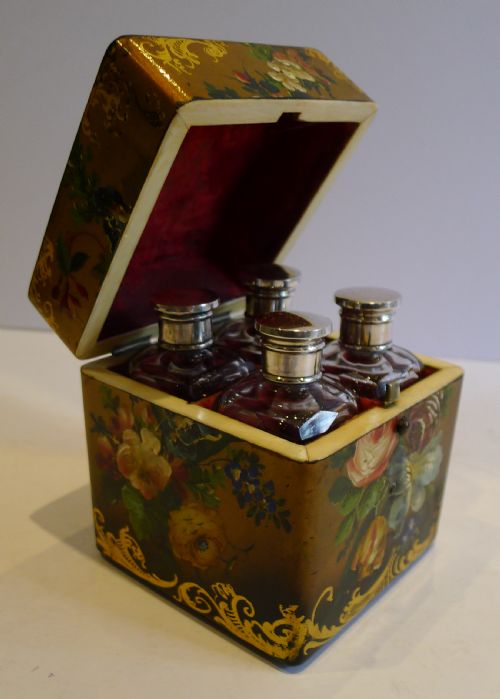 Antique English Hand Painted Papier Mache Scent Bottle Box - Museum Quality