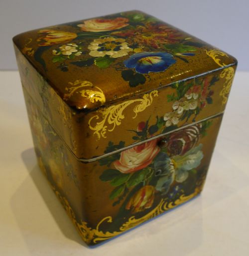 fig 1. Antique English Hand Painted Papier Mache Scent Bottle Box - Museum Quality