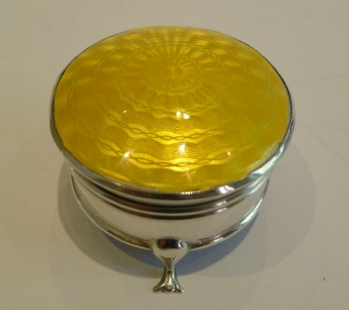 English Sterling Silver & Yellow Guilloche Enamel Jewellery / Ring Box - 1915