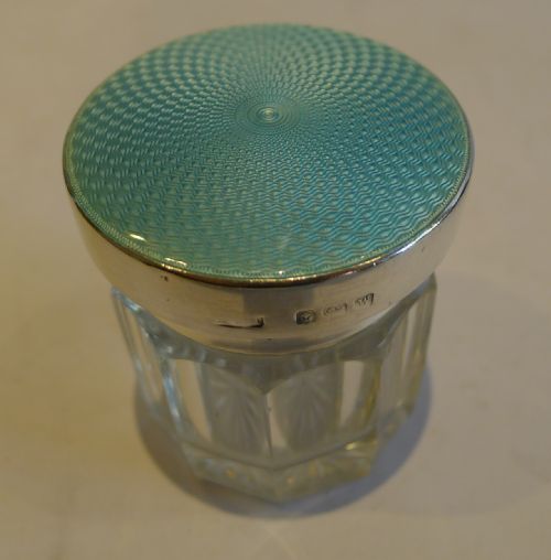 Small Cut Crystal Vanity Jar / Pot with Sterling Silver & Guilloche Enamel Lid