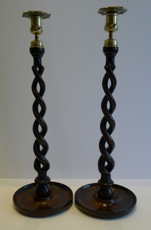 Towering Pair 18" Solid Oak Open Barley Twist Candlesticks - Brass Thistle Tops