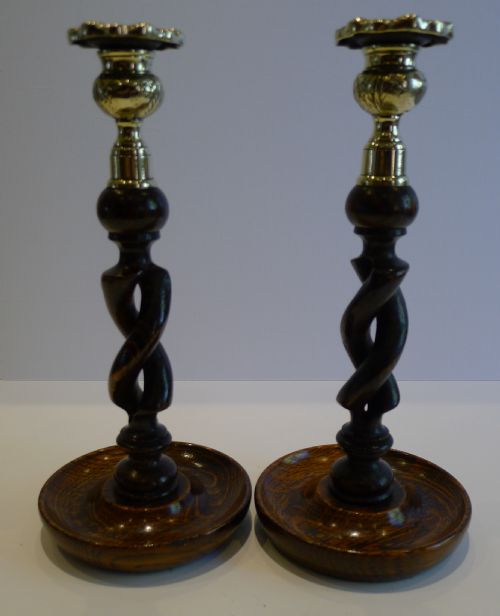 Pair Antique English 10" Oak Open Barley Twist Candlesticks - Brass Thistle Tops