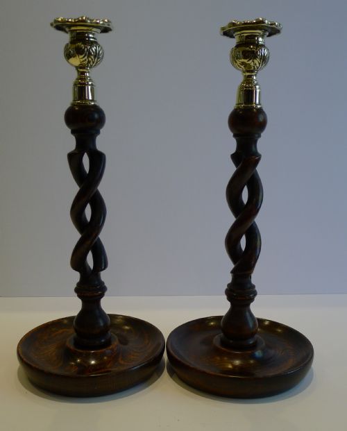 Pair Antique English Oak Open Barley Twist Candlesticks - Brass Thistle Tops