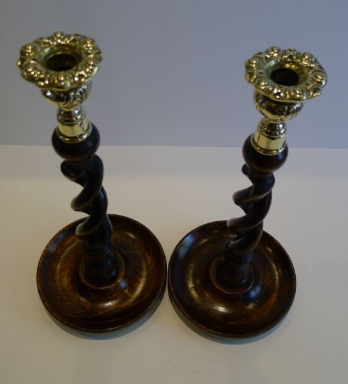 fig 1. Pair Antique English Oak Open Barley Twist Candlesticks - Brass Thistle Tops