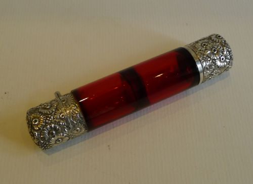 Antique English Double Ended Ruby Red Perfume Bottle - Victorian Sterling Silver C.1880