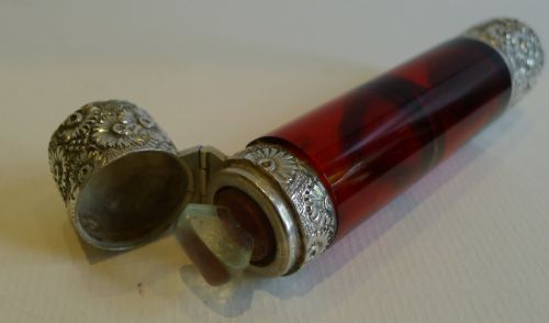 fig 1. Antique English Double Ended Ruby Red Perfume Bottle - Victorian Sterling Silver c.1880