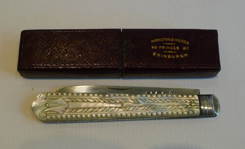Antique Carved Mother of Pearl Fruit Knife - Scottish Retailer - 1869
