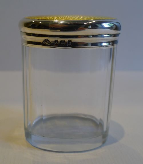 fig 1. Stunning Yellow Guilloche Enamel & Sterling Silver Lidded Jar