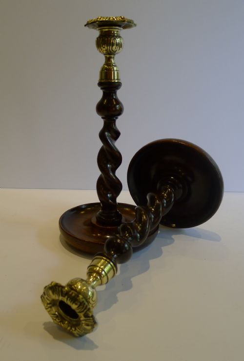 Handsome Pair Solid Oak Barley Twist Candlesticks - Brass Thistle Tops