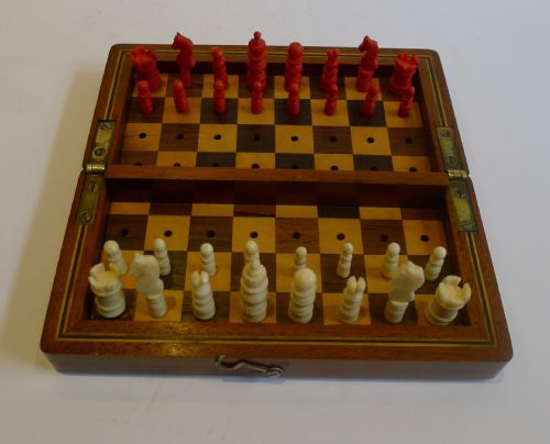 Antique English Mahogany Travel Chess Set C.1880