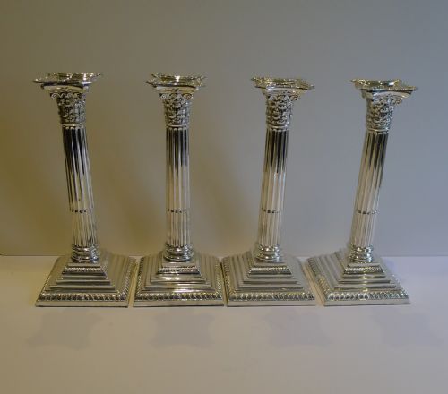 Magnificent Set Four Antique English Corinthian Column Candlesticks C.1890