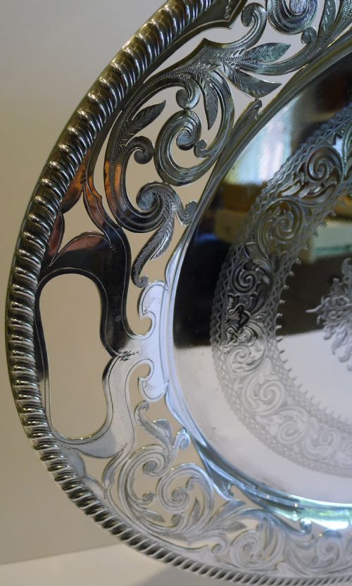 LARGE ANTIQUE ENGLISH PIERCED OR RETICULATED SERVING TRAY BY JH POTTER C1890 - ADDITIONAL PHOTO 6
