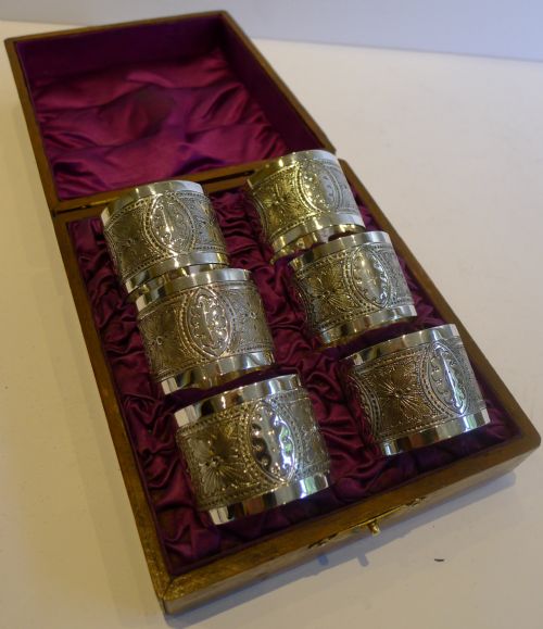 Set Six Antique English Napkin Rings in Original Oak Presentation Box C.1890