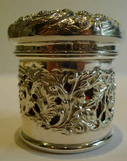 Unusual Antique English Sterling Silver Vanity Jar with Cranberry Glass Liner