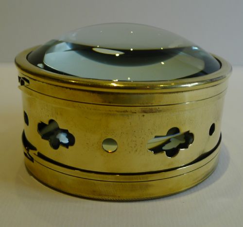 English Antique Brass Desk Magnifying Glass / Paperweight C.1910