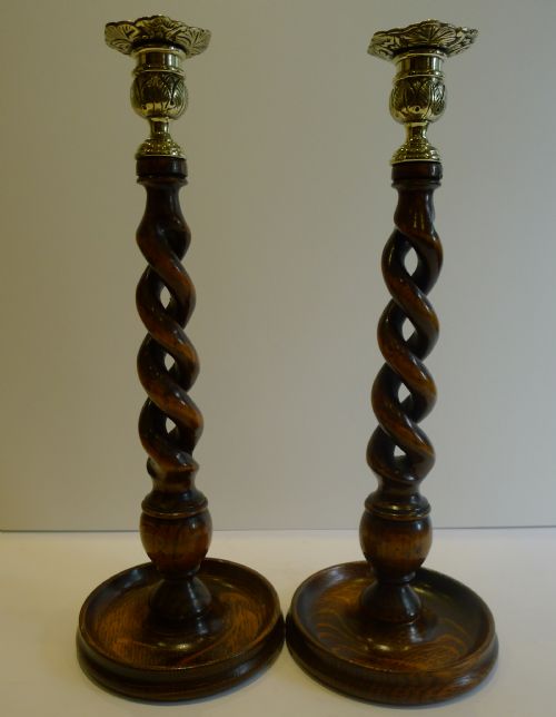 Towering Pair 14" Solid Oak Open Barley Twist Candlesticks - Brass Tops