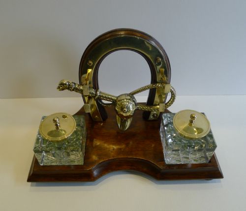 Antique English Equestrian / Hunting Desk Set / Inkwell C.1890