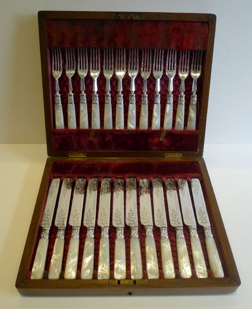 Magnificent Set 12 Fruit Knives & Forks / Mother of Pearl & Silver Plate C.1890