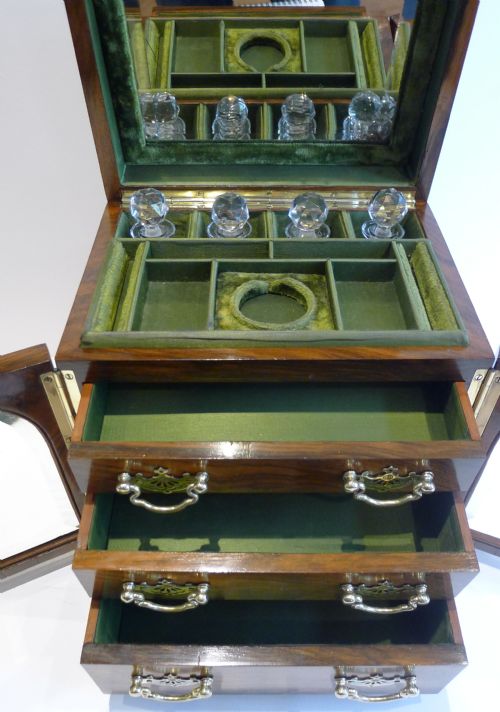 Grandest Large Antique English Jewelry Box with Four Original Perfume Bottles C.1890