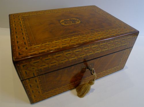 Antique English Burl Walnut and Tunbridge Inlaid Table or Desk Box C.1860
