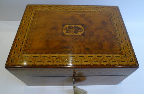fig 1. Antique English Burl Walnut and Tunbridge Inlaid Table or Desk Box c.1860