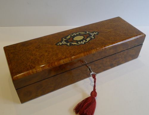 Antique French Burr Cedar Glove Box C. 1870 - Original Tufted Silk Interior