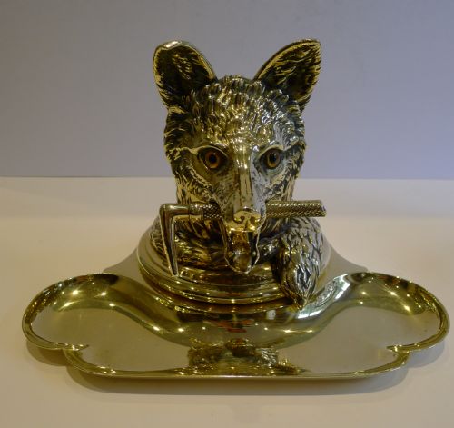 Antique English Cast Brass Figural Inkwell / Inkstand - Fox C.1880