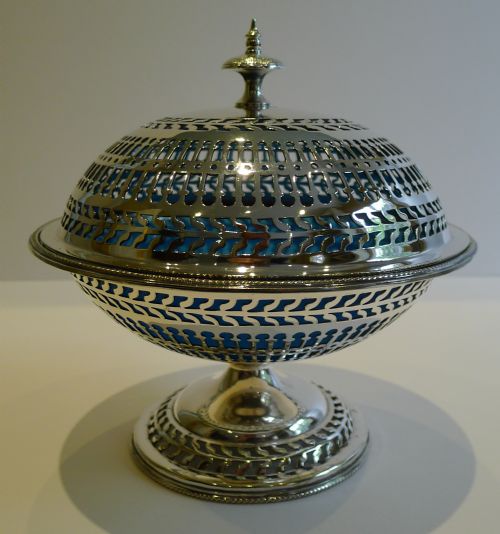 Antique English Silver Pierced Silver Plate Covered Dish with Original Blue Glass Liner C.1880