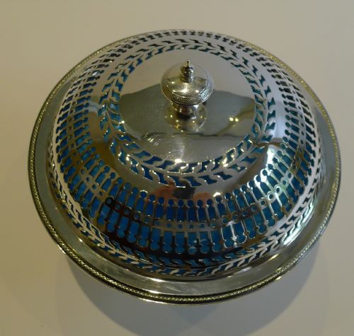 fig 1. Antique English Silver Pierced Silver Plate Covered Dish With Original Blue Glass Liner c.1880