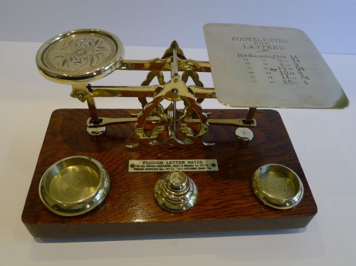 Antique English Oak & Brass Postal Scale by Samuel Turner Senior C.1880
