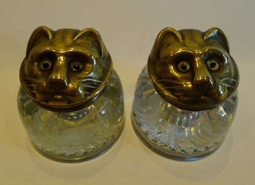 Fabulous Pair Antique English Glass & Brass Cat Inkwells - Original Glass Eyes