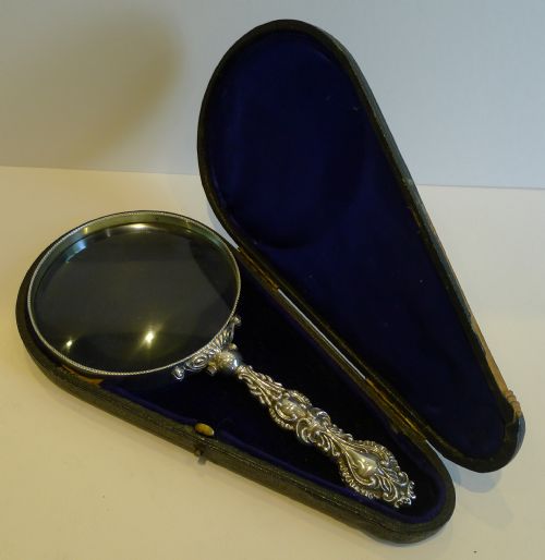 Magnificent Cased Antique English Sterling Silver Magnifying Glass