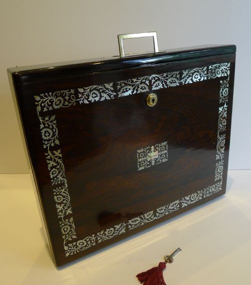 Rare English William IV Mother of Pearl Inlaid Rosewood Writing Box C.1830