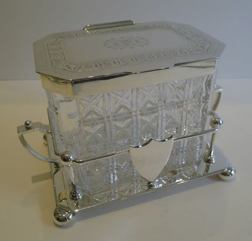 Top Quality Antique English Cut Crystal & Silver Plate Biscuit Box by Hukin & Heath