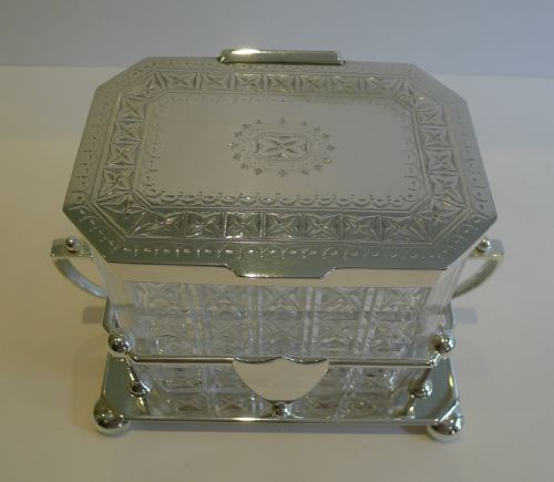 fig 1. Top Quality Antique English Cut Crystal & Silver Plate Biscuit Box by Hukin & Heath