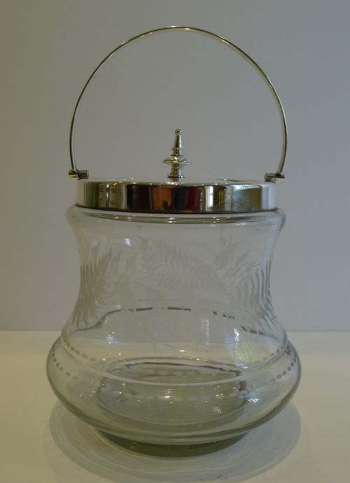 Antique English Fern Engraved Glass & Silver Plate Biscuit Barrel C.1890