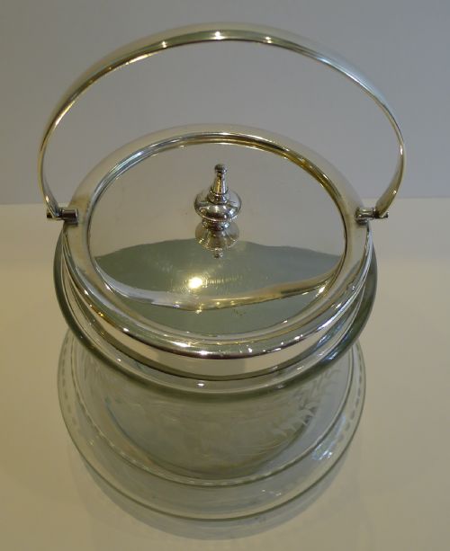 fig 1. Antique English Fern Engraved Glass & Silver Plate Biscuit Barrel c.1890