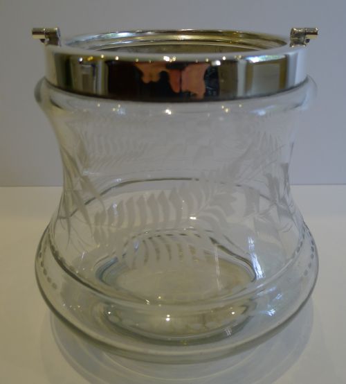 fig 2. Antique English Fern Engraved Glass & Silver Plate Biscuit Barrel c.1890