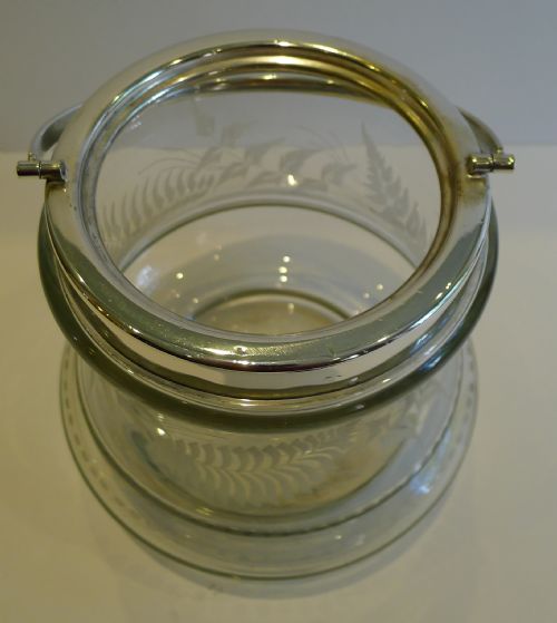 fig 3. Antique English Fern Engraved Glass & Silver Plate Biscuit Barrel c.1890