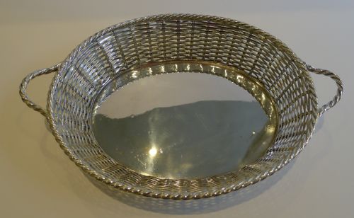 fig 1. Antique English Silver Plated Basket Weave Bread Basket by Atkin Brothers c.1880