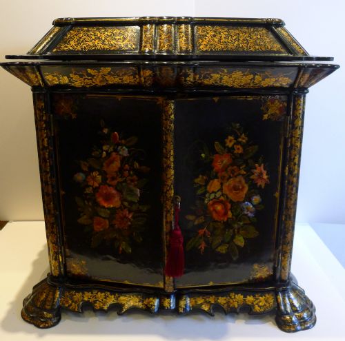 Rare & Grand Oversized Antique English Papier Mache Table Cabinet / Writing Box C.1880