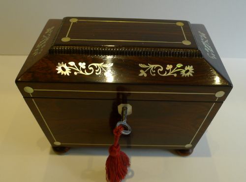fig 1. English William IV Rosewood Tea Caddy - Mother of Pearl Inlay c.1830