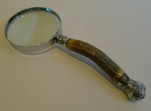 Large Antler Horn Handled Magnifying Glass - English Sterling Silver Fittings - 1901