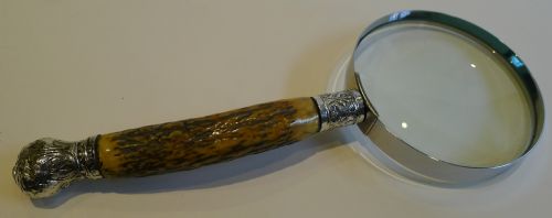 fig 1. Large Antler Horn Handled Magnifying Glass - English Sterling Silver Fittings - 1901