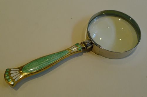 Pretty Vintage Silver Gilt & Enamel Handled Magnifying Glass - 1926
