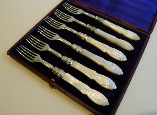 Antique English Sterling Silver & Mother of Pearl Cake or Desert Forks - 1862