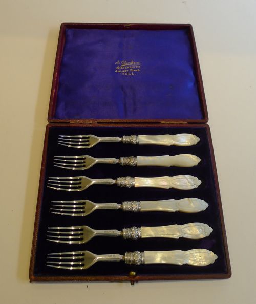 fig 1. Antique English Sterling Silver & Mother of Pearl Cake or Desert Forks - 1862