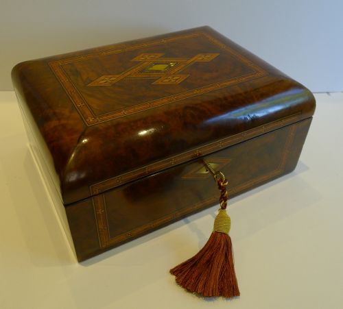 Antique English Burl Walnut and Tunbridge Inlaid Jewellery or Desk Box C.1860