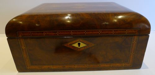 fig 1. Antique English Burl Walnut and Tunbridge Inlaid Jewellery or Desk Box c.1860